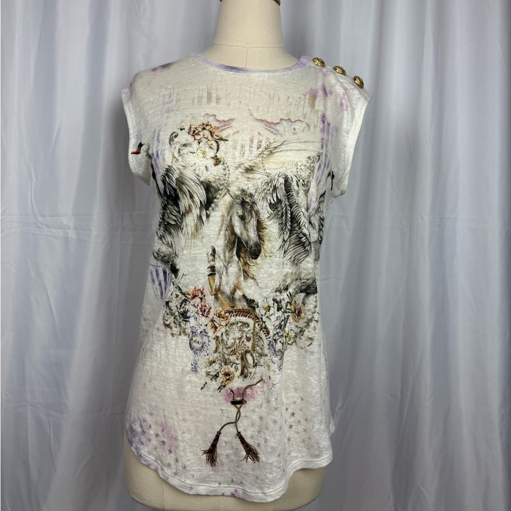 Vintage Balmain 100% Linen Cream Tee with Horse Graphic